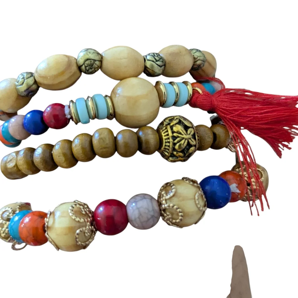 New Colorful Beaded Bracelet Set with Tree Charm And Tassell Earrings